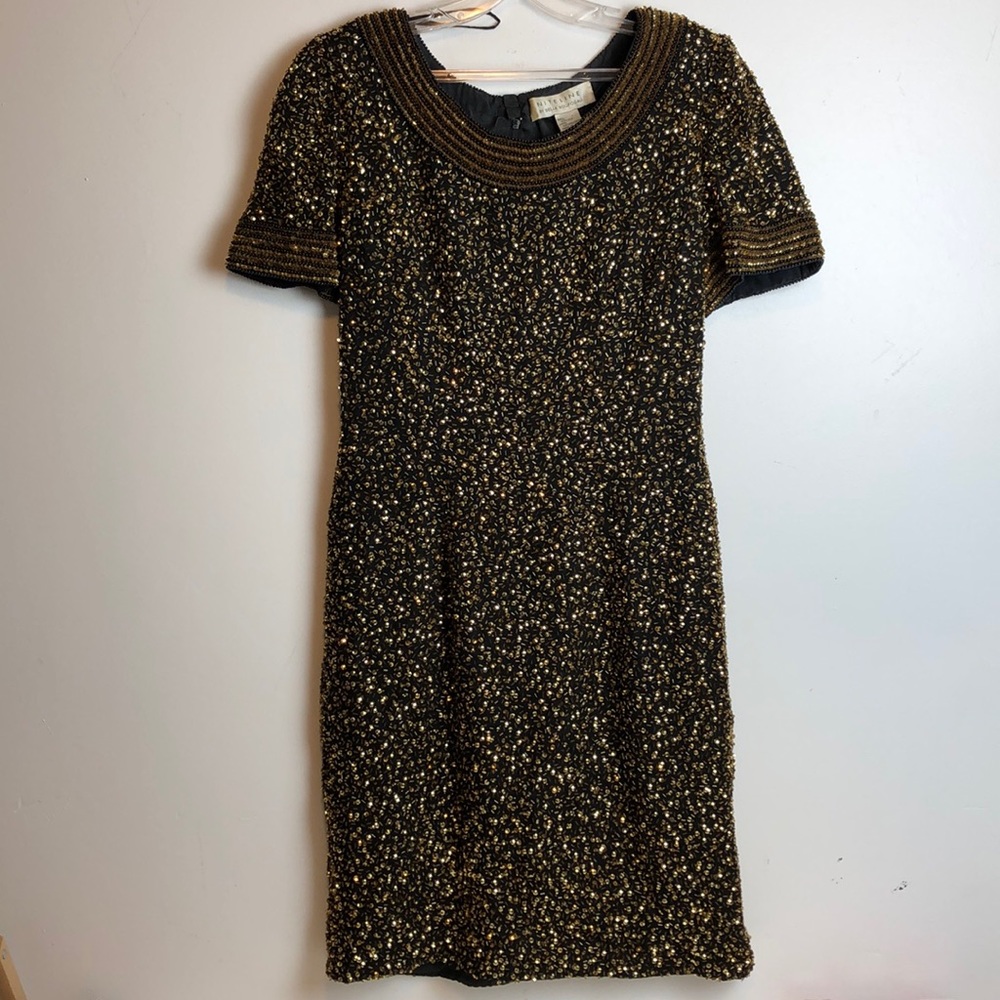 stunning mother of the bride New year’s gold vintage beaded sequined dress sz 8